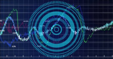 Donanma arkaplanındaki finansal grafiklerin ve işlem çemberinin resmi. Küresel finans, ekonomi ve teknoloji kavramı, dijital olarak üretilen görüntü.