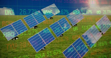 Image of trading board and solar panels on green landscape. Digital composite, multiple exposure, stock market, investment, nature, solar energy, electricity, green technology and sustainability.