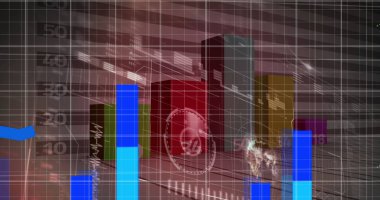 Dünya haritasında gri arkaplanla istatistiksel veri işleme görüntüsü. İş verileri ve analitik teknoloji kavramı