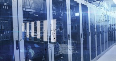 Sunucu odasında dijital veri işleme resmi. Küresel veri işleme konsepti dijital oluşturulmuş resim.