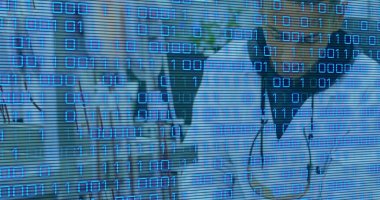 Çift ırklı erkek doktor üzerinden veri işleme görüntüsü. küresel tıp ve dijital arayüz kavramı, dijital olarak üretilen görüntü.