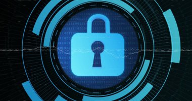 İkili kodlama veri işlemesine karşı güvenlik asma kilidi simgesi. Siber güvenlik ve iş teknolojisi kavramı