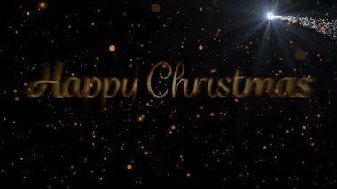 Karanlık arka planda ışıl ışıl parçacıklar olan mutlu noel metin animasyonları. Tatil, kutlama, şenlik, ışıltı, ışıltı, ışıklar