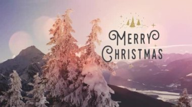 Kış manzarası boyunca mutlu noel mesajlarının animasyonu. Teknoloji, kutlama ve dijital arayüz kavramı dijital olarak oluşturulmuş video.