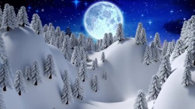 Ren geyikleriyle uçmak, Noel Baba karlı ormanın üzerinde neşeli bir animasyon. Noel, kış, tatil, büyülü