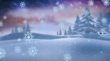 Kış manzarasının üzerine düşen kar animasyonu. Kış, Noel, şenlik, kutlama ve gelenek konsepti dijital olarak oluşturuldu.
