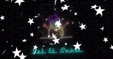 Yıldızlı Neon Kardan Adam ve Tuğla duvarın üzerinden Snow animasyon yazsın. Noel, tatil, neon ışıklar, şenlik, kış, dekorasyon