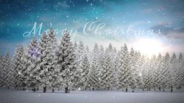 Kış manzarası boyunca mutlu noel metinleri içeren karla kaplı ağaçlar. tatil, kar, kutlama, şenlik, selamlama, kar tanesi