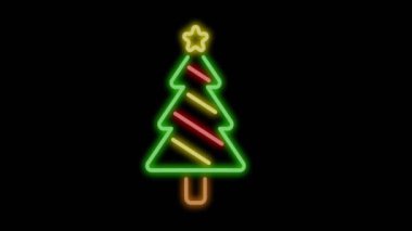 Siyah arka planda yanıp sönen neon yılbaşı ağacının animasyonu. Noel, kutlama, ışıklar, dekorasyonlar, gelenek ve iletişim, dijital olarak oluşturulmuş video.