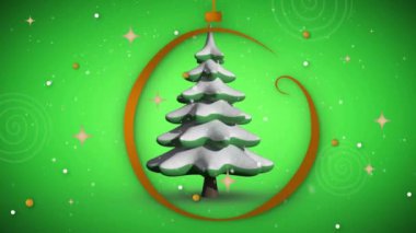 Yeşil arka planda Frohe Weihnachten metin animasyonu olan Noel ağacı ve yıldızları. Tatil, kutlama, şenlik, kış, tatil, selamlama