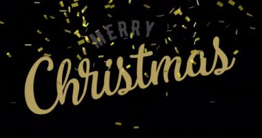 Siyah arka planda düşen altın konfetili mutlu noel metin animasyonları. Tatil, kutlama, şenlik, selam