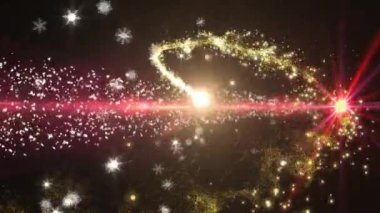 Kırmızı arka planda kar taneleri animasyonu olan parlak kuyruklu yıldız izleri. Kış, şenlikli