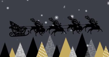 Noel Baba kızağı ve ren geyikleri karlı ağaçların üzerinde uçuyor, Noel animasyonu. tatil, şenlik, kış, büyülü