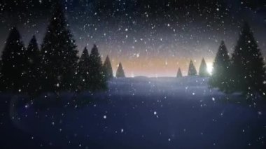 Gün batımında çam ağaçlarıyla kış manzarası üzerine düşen kar animasyonu. Kar yağışı, alacakaranlık, doğa, orman, manzara, huzur