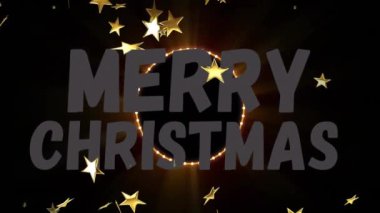 Neon çemberinin üzerindeki mutlu noel yazıları ve düşen yıldızların animasyonu. Noel, kutlama ve dijital arayüz kavramı dijital olarak oluşturulmuş video.
