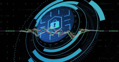 Veri işleme görüntüsü, siyah arkaplanda güvenlik asma kilidi üzerinde. Siber güvenlik ve iş teknolojisi kavramı