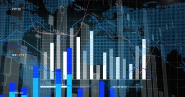 Dünya haritasında siyah arkaplana karşı istatistiksel veri işleme resmi. İş verileri ve analitik teknoloji kavramı