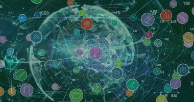 Dünya üzerinde veri işleme görüntüsü. Küresel iş ve dijital arayüz kavramı, dijital olarak oluşturulmuş görüntü.