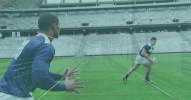 Stadyumdaki çeşitli ragbi oyuncularının veri işleme görüntüleri. Küresel spor, bilgisayar ve dijital arayüz kavramı, dijital olarak oluşturulmuş resim.