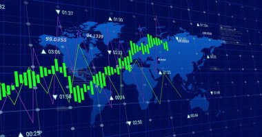 Siyah arka planda dünya haritasında finansal veri işleme resmi. Küresel iş, finans ve dijital arayüz kavramı, dijital olarak oluşturulmuş görüntü.