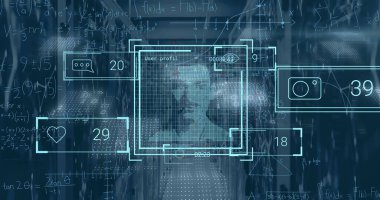 Sunucu odasında veri işleme resmi. Küresel iş ve dijital arayüz kavramı, dijital olarak oluşturulmuş görüntü.