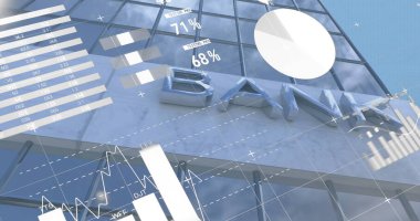 Banka binası üzerinde veri işleme ile istatistiklerin görüntüsü. Küresel iş, finans ve veri işleme kavramı, dijital olarak oluşturulmuş görüntü.
