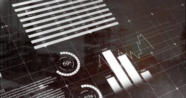 Modern binalar üzerinde gökyüzüne karşı bilgi arayüzü resmi. Dijital bileşik, çoklu pozlama, rapor, iş, büyüme, ilerleme, veritabanı, soyut ve mimari kavram.