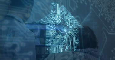 Kafkasyalı erkek doktor ve çocuk üzerinde bilgisayar devre evi resmi. küresel bilgisayar, ilaç, sağlık hizmetleri, bağlantılar ve veri işleme kavramı, dijital olarak oluşturulmuş görüntü.