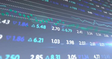 Siyah arkaplan üzerinde mercek parlamaları olan çok renkli ticaret tahtası, grafikler ve dünya resmi. Dijital olarak üretilen hologram, illüstrasyon, rapor, iş dünyası, borsa ve küreselleşme kavramı.