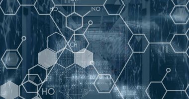 Bilgisayar sunucuları üzerinden bilimsel veri işleme resmi. Tıp, bağlantılar, hesaplama ve veri işleme kavramı, dijital olarak oluşturulmuş resim.