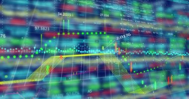 Siyah arka planda finansal veri işleme resmi. Küresel iş, finans ve dijital arayüz kavramı, dijital olarak oluşturulmuş görüntü.