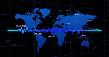 Dünya haritasında kara arkaplanda veri işleme resmi. Küresel finansman, bilgisayar ve dijital arayüz kavramı, dijital olarak oluşturulmuş resim.