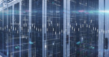 Bilgisayar sunucuları üzerinden veri işleme resmi. Küresel iş, finans, dijital arayüz, hesaplama ve veri işleme kavramı, dijital olarak oluşturulmuş görüntü.