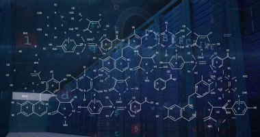 Bilgisayar sunucuları üzerinden bilimsel veri işleme resmi. Tıp, bağlantılar, hesaplama ve veri işleme kavramı, dijital olarak oluşturulmuş resim.