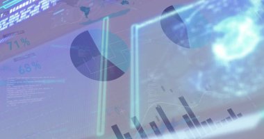 Grafikler, grafikler, dijital arayüzdeki neon ışıkları ile bilgi veri işleme resmi. Dijital bileşik, yapay zeka, iletişim, geliştirme, teknoloji.