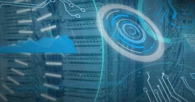 Veri sunucu sistemleri üzerinden daire yükleme, 5g metin, grafik ve devre kartı deseni. Dijital bileşik, çoklu pozlama, rapor, iş dünyası, telekomünikasyon, veri merkezi ve teknoloji.