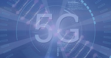 5G, DNA ipliği, tarama ve veri işleme görüntüsü. Küresel iş, finans, hesaplama ve veri işleme kavramı, dijital olarak oluşturulmuş resim.