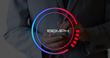 Image of speedometer over hands of caucasisn man using smartphone. Network, communication, speed and technology concept, digitally generated image. clipart