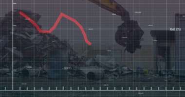 Hurdalıktaki makineler üzerinden finansal verilerin ve grafiklerin resmi. Ekonomi, finans, geri dönüşüm ve atık kullanımı kavramı, dijital olarak üretilen görüntü.