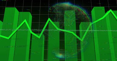 Grafikler ve dünya ve siyah arkaplan üzerindeki finansal veriler. Küresel finans, ekonomi ve teknoloji kavramı, dijital olarak üretilen görüntü.