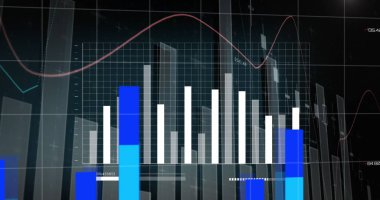 Dünya haritasında siyah arkaplana karşı istatistiksel veri işleme resmi. İş verileri ve analitik teknoloji kavramı