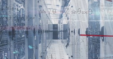 Sunucu odasında veri işleme resmi. Küresel iş ve dijital arayüz kavramı, dijital olarak oluşturulmuş görüntü.