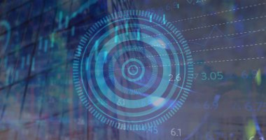 Şehir manzarası üzerinde tarama ve veri işleme alanının resmi. Küresel teknoloji, çevrimiçi güvenlik ve dijital arayüz kavramı, dijital olarak oluşturulmuş görüntü.