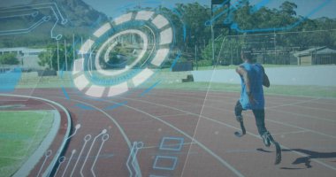 Engelli Afro-Amerikan erkek koşucunun veri işleme görüntüsü. Küresel spor, engellilik ve dijital arayüz kavramı, dijital olarak oluşturulmuş görüntü.