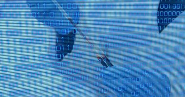 Doktorun üzerinde deney tüpüyle veri işleme görüntüsü. Küresel tıp ve dijital arayüz kavramı, dijital olarak oluşturulmuş görüntü.