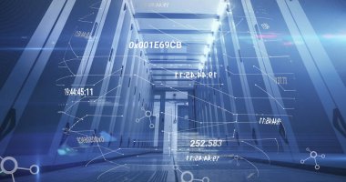 Bilgisayar sunucu odasında ağlar ve veri işleme. İletişim, veri ve dijital arayüz teknolojisi, dijital olarak oluşturulmuş görüntü.