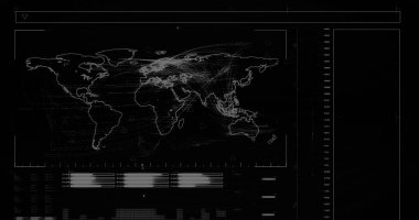Veri işleme üzerinden dünya haritasının resmi. Küresel iş ve dijital arayüz kavramı, dijital olarak oluşturulmuş görüntü.