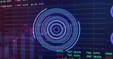 Mavi arkaplan üzerinde tarama ve veri işleme resmi. Küresel iş ve dijital arayüz kavramı, dijital olarak oluşturulmuş görüntü.