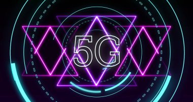 Image of shapes moving and 5g text over black background. Abstract background and digital interface concept, digitally generated image. clipart