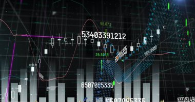Finansal ve istatistiksel veri işleme görüntüsü siyah arkaplandaki mavi ışık noktasıyla karşılaştırılıyor. Küresel finans ve iş veri teknolojisi kavramı